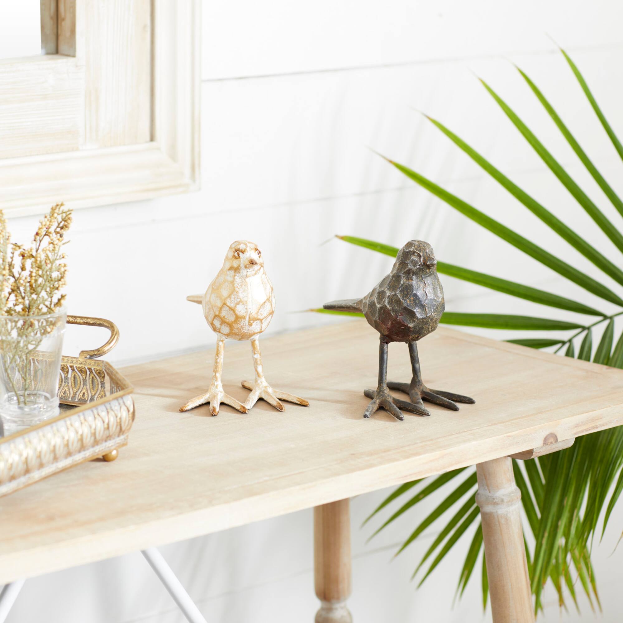 Set of 2 Gold Metal Farmhouse Bird Sculpture, 5" x 6"